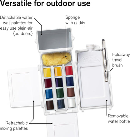 Winsor & Newton Cotman Watercolor Paint Set, Field Pocket Set, 12 Half Pan w/ Brush, Sponge, Bottle