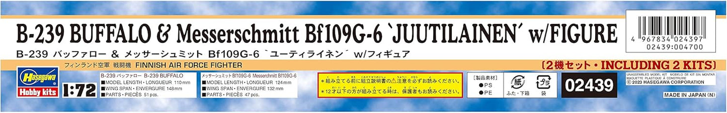 Hasegawa 02439 1/72 Finnish Air Force B-239 Buffalo & Messerschmitt Bf109G-6 Uilainen w/Figure Plastic Model