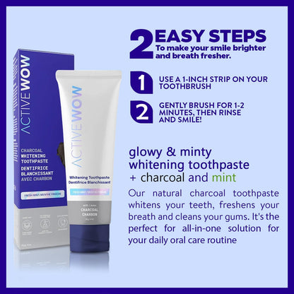 Active Wow Activated Charcoal Toothpaste - Charcoal Toothpaste for Whitening, Charcoal Teeth Whitening, Made with Organic Coconut Oil & Xylitol, Charcoal Activated Toothpaste (4 Ounce (Pack of 1))