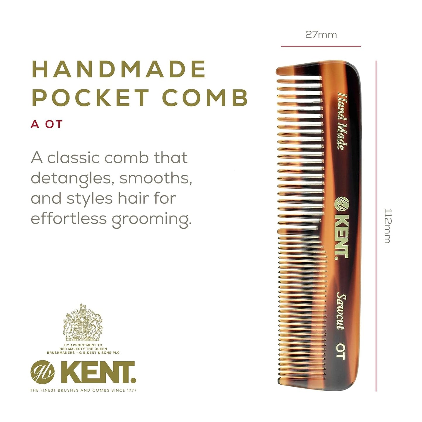 Kent OT 4.4" Pocket Comb ??? Fine & Wide Tooth Handmade Comb for Hair, Beard, Mustache. Ideal for Travel. Saw Cut and Hand Polished.