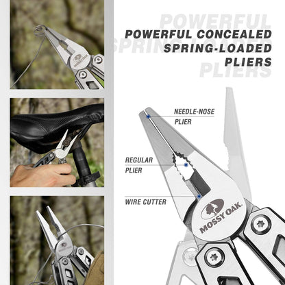 Mossy Oak pliers with various uses shown, including a needle-nose plier, regular plier, and wire cutter.