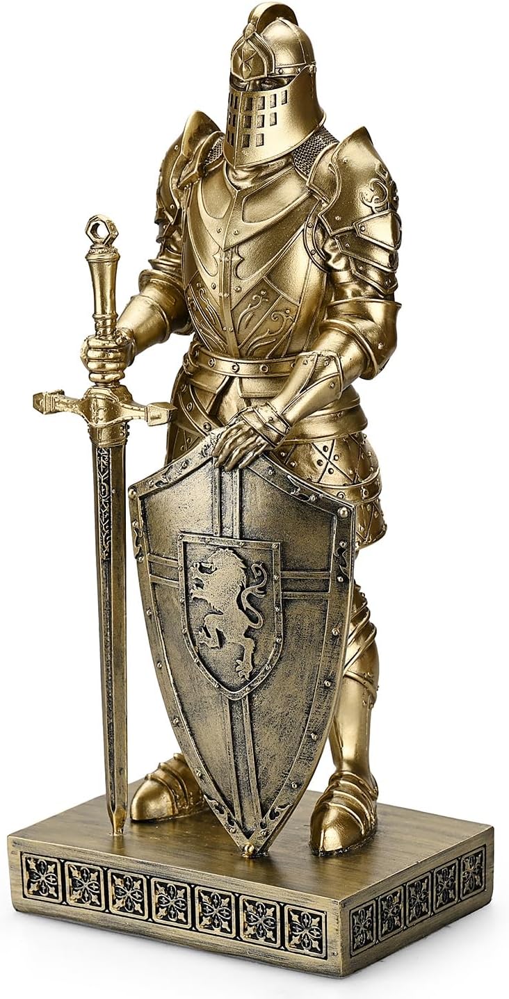 HDMbigmi King's Guard Knight with Shield Desktop Accessories Statue Medieval Knight Ornament Paperweight for Office and Home Top Collection as Gift 12.60 Inch (Bronze)