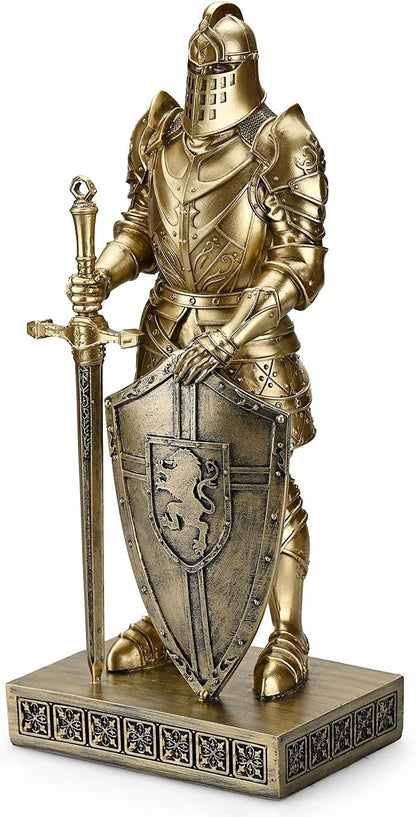 HDMbigmi King's Guard Knight with Shield Desktop Accessories Statue Medieval Knight Ornament Paperweight for Office and Home Top Collection as Gift 12.60 Inch (Bronze)