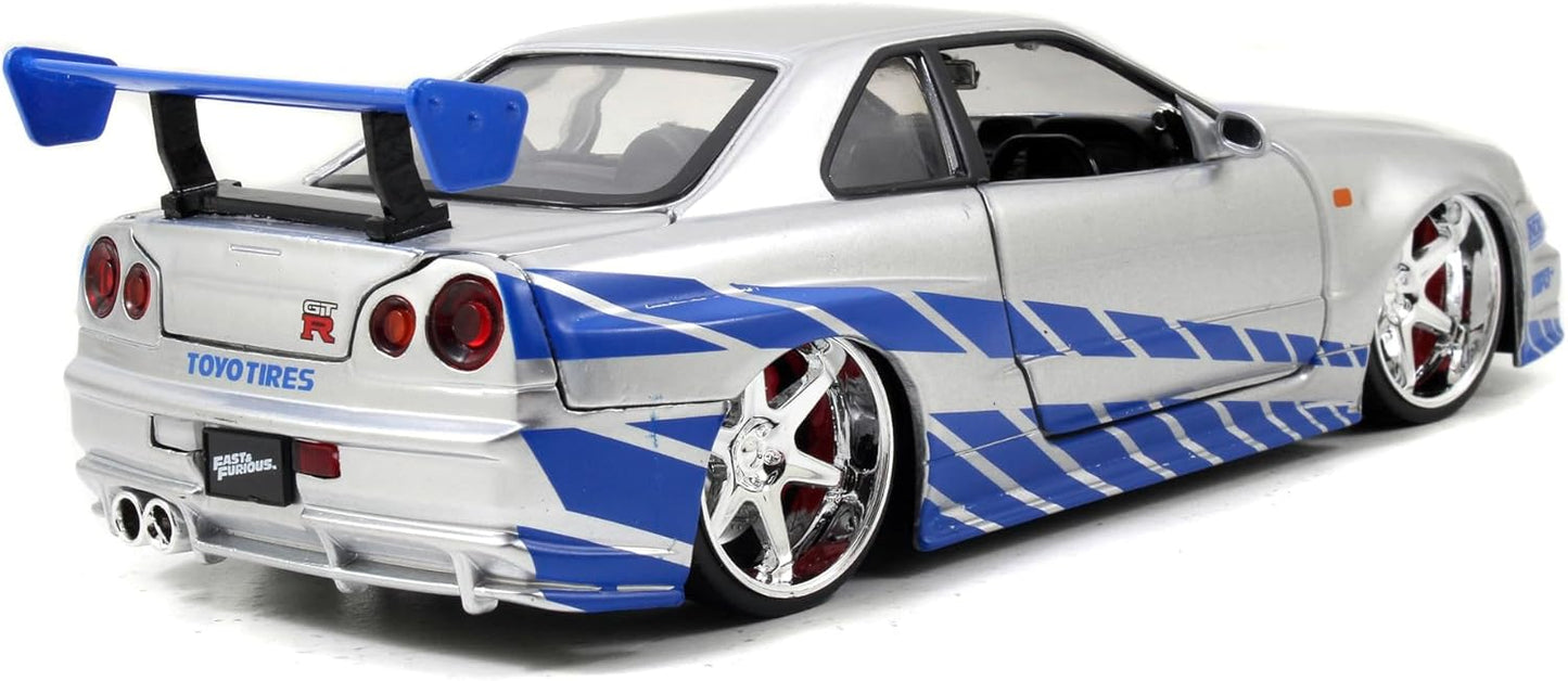 Jada Toys Fast & Furious Brian???s 2002 Nissan Skyline R34 Die-cast Car, 1:24 Scale, Silver & Blue