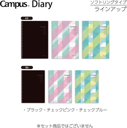 Kokuyo Ni-SMNL2-A5-23 Soft Ring Diary Planner, 2023, A5, Monthly, Checkered Blue, Starts December 2022