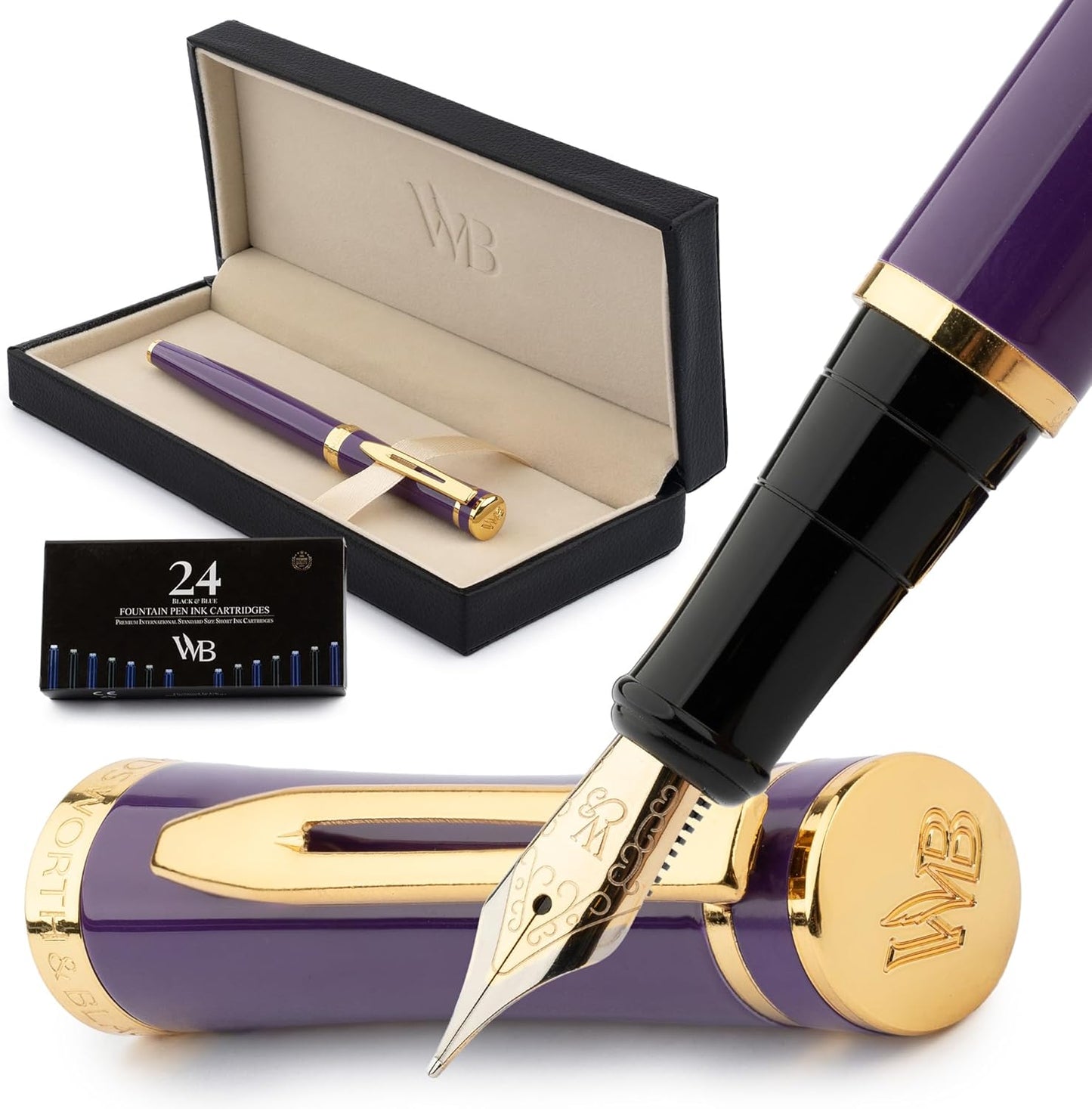 Wordsworth & Black Fountain Pen Set, Medium Nib, Includes 24 Ink Cartridges and Ink Refill Converter, Gift Case, Journaling, Calligraphy, Smooth Writing Pens [Velvet Purple] Perfect for Men and Women, main image