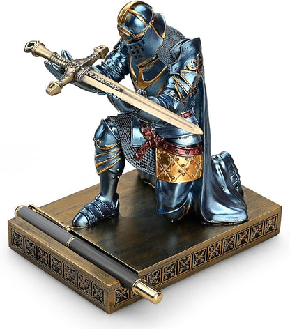 HDMbigmi King's Guard Leader Cloak Warrior Knight Pen Holder Mobile Phone Stand, Ornament Knight Statue, Pen Stand Paperweight with a Metal Sword Letter Opener for Office and Home (Blue)