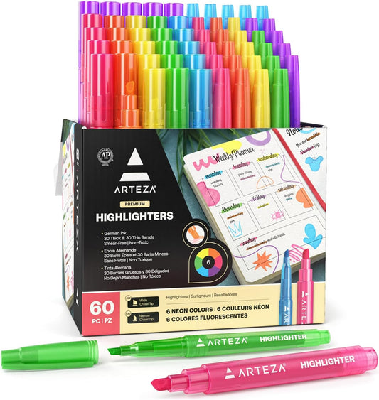 ARTEZA Highlighters ??? Bulk Set of 60 Neon Colors with Broad and Narrow Chisel Tips, Non-Toxic Quick-Dry Markers for School, Office, Journaling & Notes