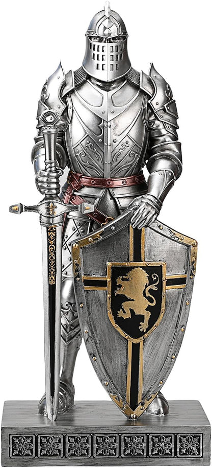 HDMbigmi King's Guard Knight with Shield Desktop Accessories Statue Medieval Knight Ornament Paperweight for Office and Home Top Collection as Gift 12.60 Inch (Silver)