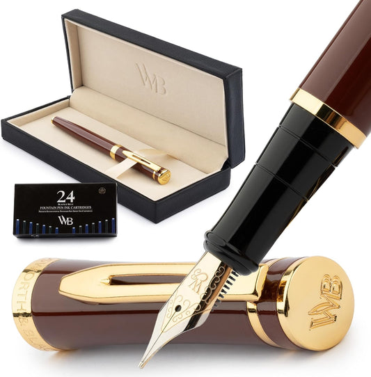 Wordsworth & Black Fountain Pen Kit, 18K Medium Gold Nib, Includes 24 Ink Cartridges, Ink Refill Converter and Gift Box, Gold Finish, Calligraphy, [Golden Brown], main image