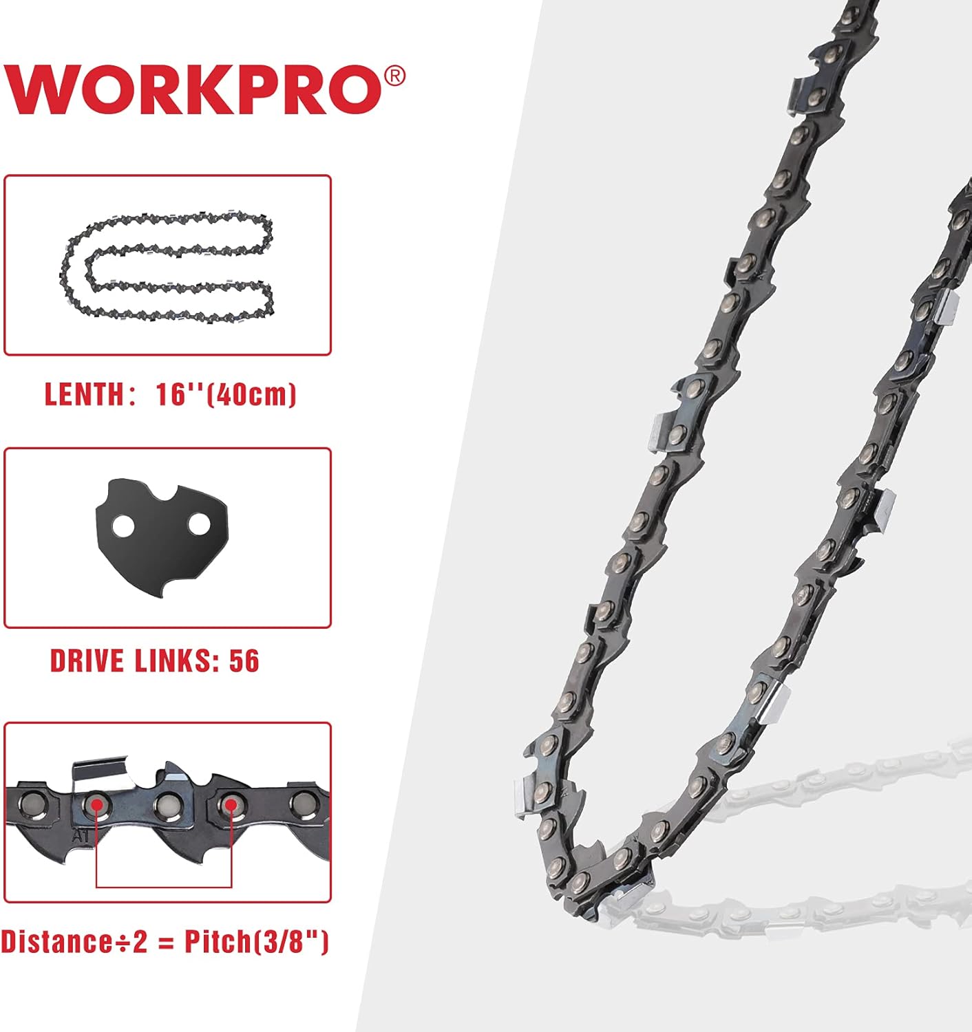 WORKPRO 2-Pack Chainsaw Chain for 16-Inch Bar, 3/8"Pitch, 56 Drive Links Wood Cutting Saw Chain for Chainsaw Parts fits Craftsman, Poulan, Echo, DeWalt