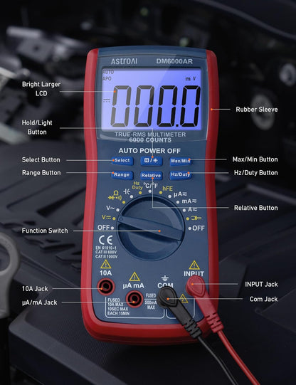 AstroAI Digital Multimeter and Analyzer TRMS 6000 Counts Volt Meter Ohmmeter Auto-Ranging Tester; Accurately Measures Voltage Current Resistance Diodes Continuity Duty-Cycle Capacitance Temperature
