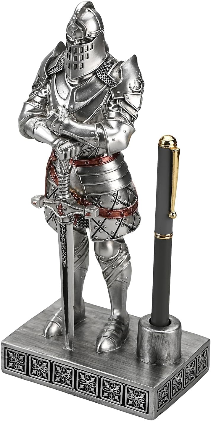 HDMbigmi King's Guard Knight Pen Stand Statue Office Pen Stand Desk Organizer For Men Top Collection as Gift 9.45 Inches (Silver)