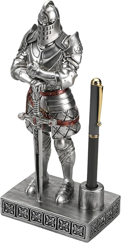 HDMbigmi King's Guard Knight Pen Stand Statue Office Pen Stand Desk Organizer For Men Top Collection as Gift 9.45 Inches (Silver)