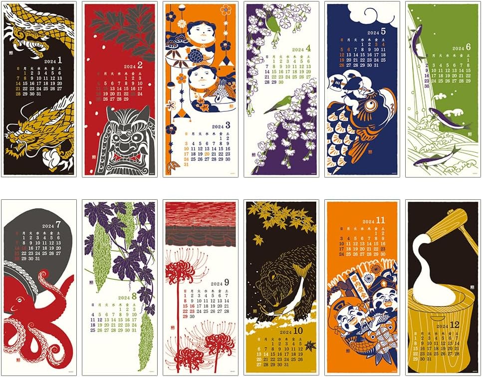 Midori 3130006 2024 Calendar, Wall Hanging, L, Echizen Washi Paper, Traditional Pattern (L (wind object handle))