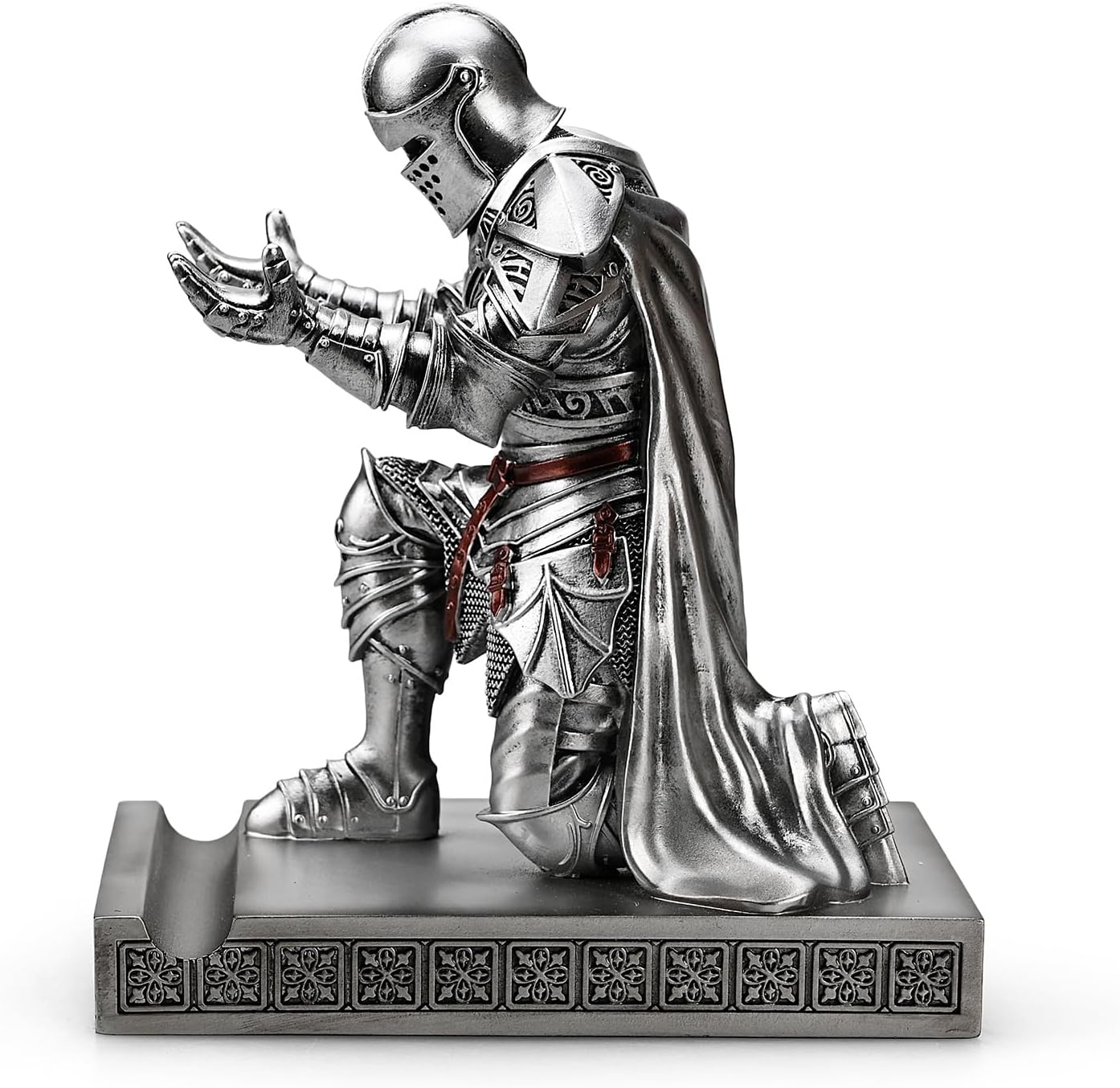 HDMbigmi King's Guard Leader Cloak Warrior Knight Pen Holder Mobile Phone Stand, Ornament Knight Statue, Pen Stand Paperweight with a Metal Sword Letter Opener for Office and Home (Silver)