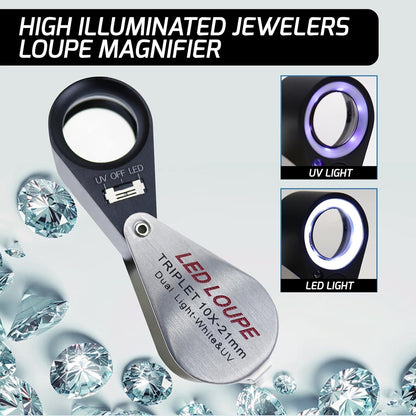 Gain Express Jewelers Loupe Magnifier, Jewelry Loop Magnifier with Light, Hastings Triplet Loupe 10X for Coin, Gem, Stamp, Diamond etc (White LED & UV Light)