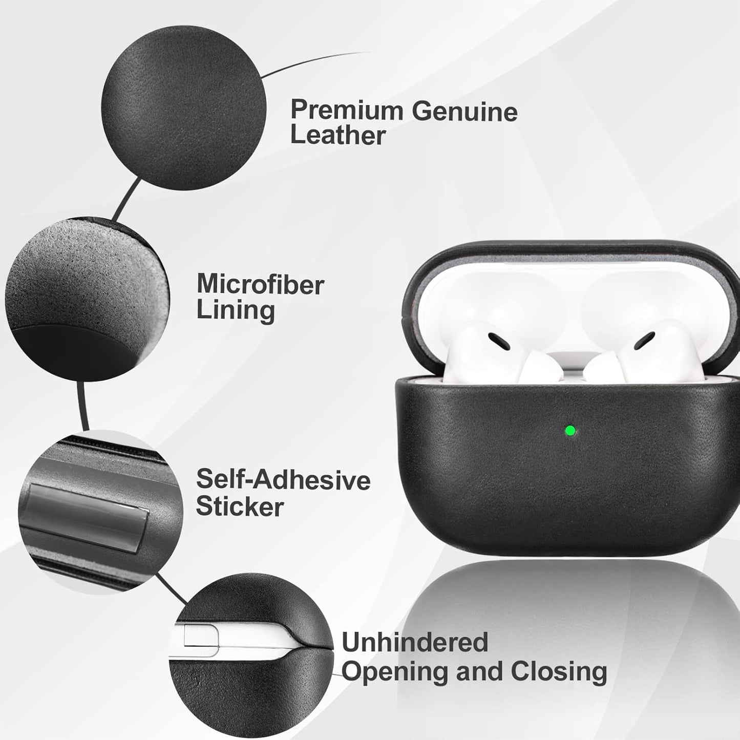 ICARERFAMILY Leather Case for AirPods Pro 2 (2022), Genuine Leather Shockproof Protective Cover for AirPods Pro 2 Earphones Charging Case (LED Visible) Support Wireless Charger Black