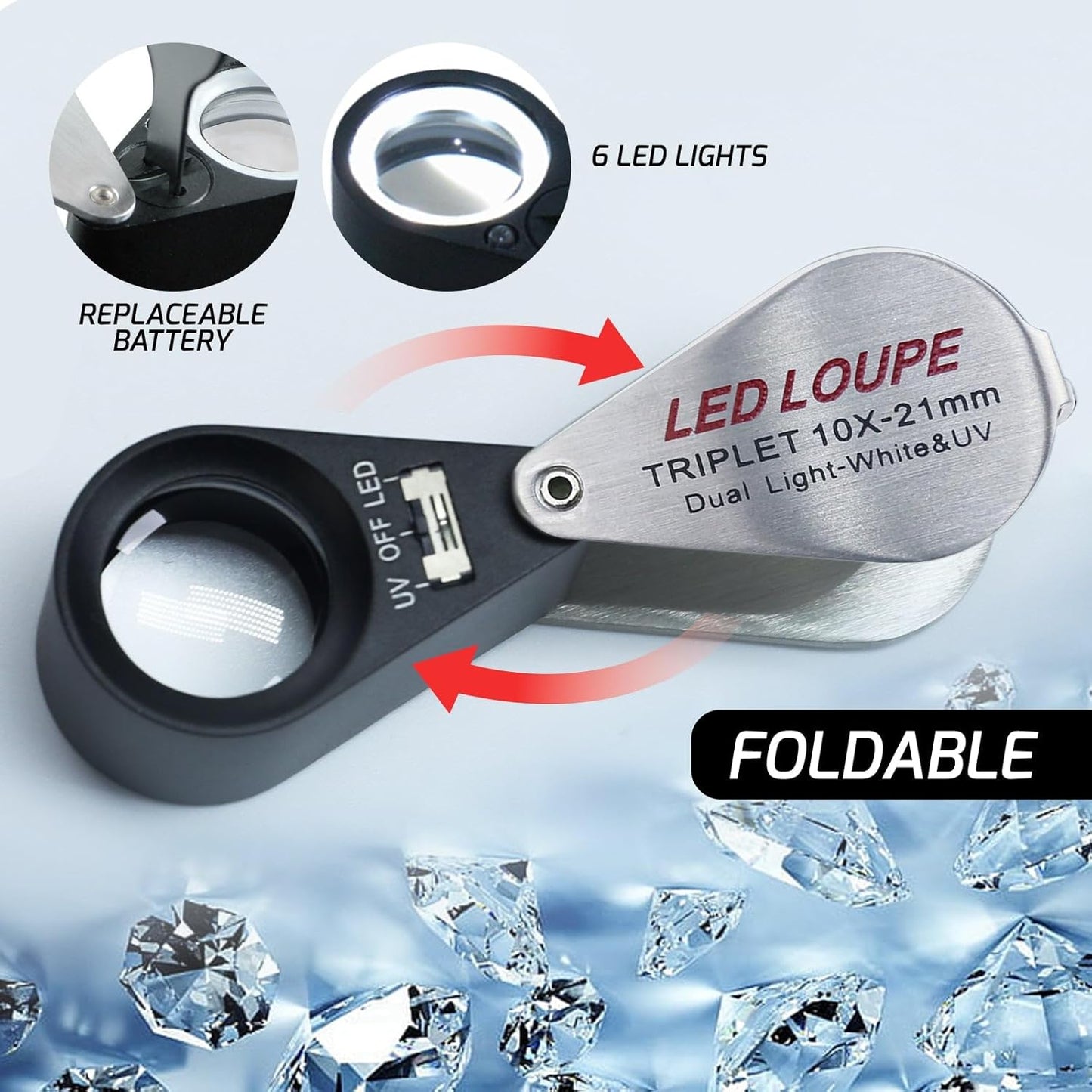Gain Express Jewelers Loupe Magnifier, Jewelry Loop Magnifier with Light, Hastings Triplet Loupe 10X for Coin, Gem, Stamp, Diamond etc (White LED & UV Light)