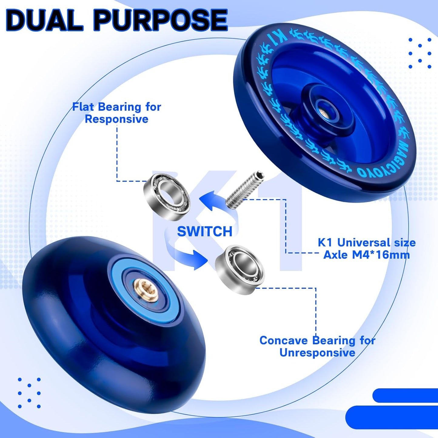 MAGICYOYO Responsive Yoyo K1 Tug Return Yo yo, Hubstacks Yo-yo for Kids Beginners Dual Purpose Yo Yo with Unresponsive Bearing, Storage Bag + 12 Yoyo Strings +Yo-Yo Glove +2 Yo yo Hubstacks (Blue)