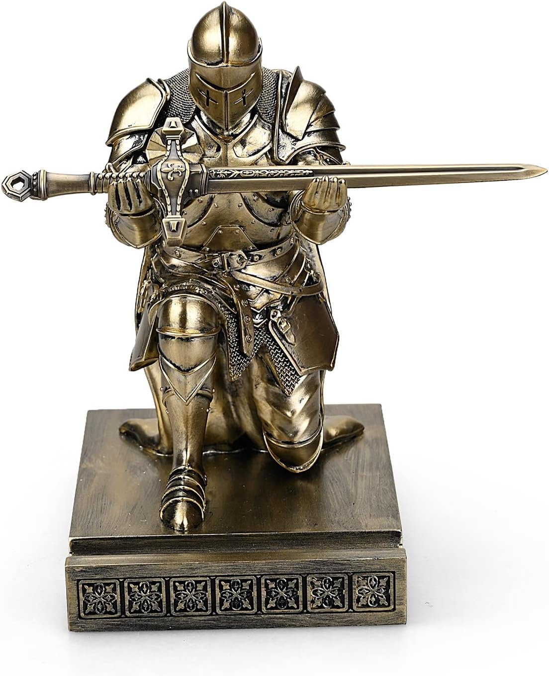 HDMbigmi King's Guard Leader Cloak Warrior Knight Pen Holder Mobile Phone Stand, Ornament Knight Statue, Pen Stand Paperweight with a Metal Sword Letter Opener for Office and Home (Bronze)