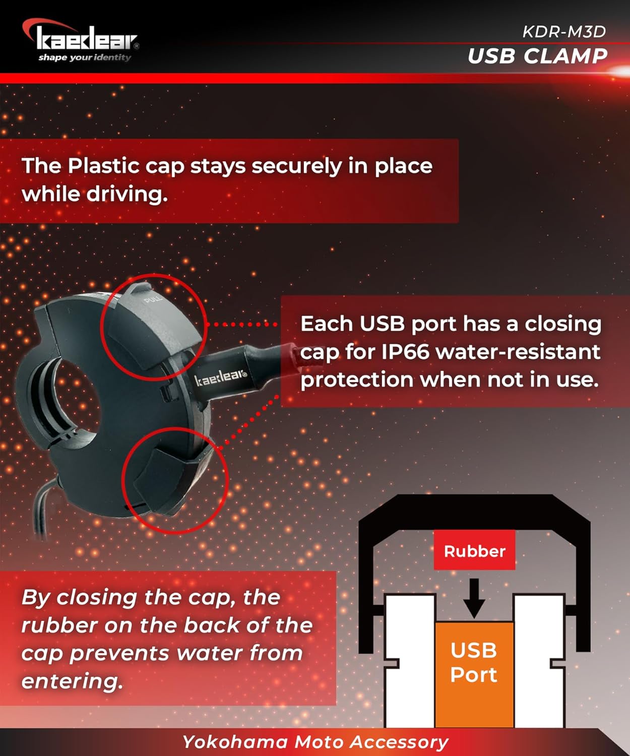 Kaedear KDR-M3D Motorcycle, USB Power Supply, USB Waterproof, Charging, Type A, Type C, 2 Ports, Output PD(30W) + QC3.0 (18W) SAE DC 12V