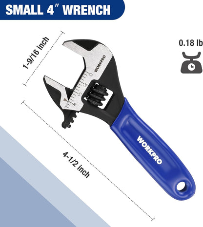 WORKPRO 4-Inch Adjustable Wrench, Cr-V Steel Wrench, Wide Jaw Black Oxide Wrench, Metric & SAE Scales, for Home, Garage, Workshop and DIY