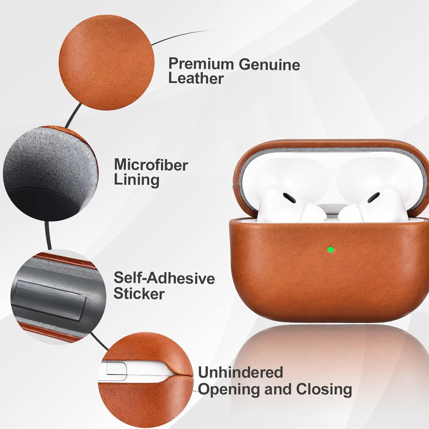 ICARERFAMILY Leather Case for AirPods Pro 2 (2022), Genuine Leather Shockproof Protective Cover for AirPods Pro 2 Earphones Charging Case (LED Visible) Support Wireless Charger Brown