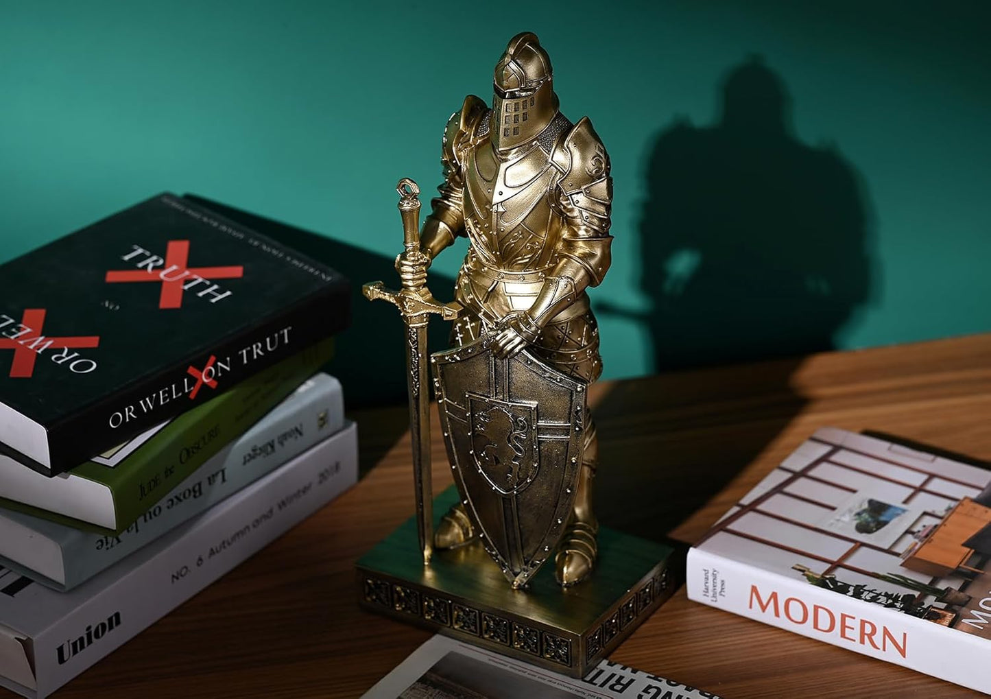 HDMbigmi King's Guard Knight with Shield Desktop Accessories Statue Medieval Knight Ornament Paperweight for Office and Home Top Collection as Gift 12.60 Inch (Bronze)