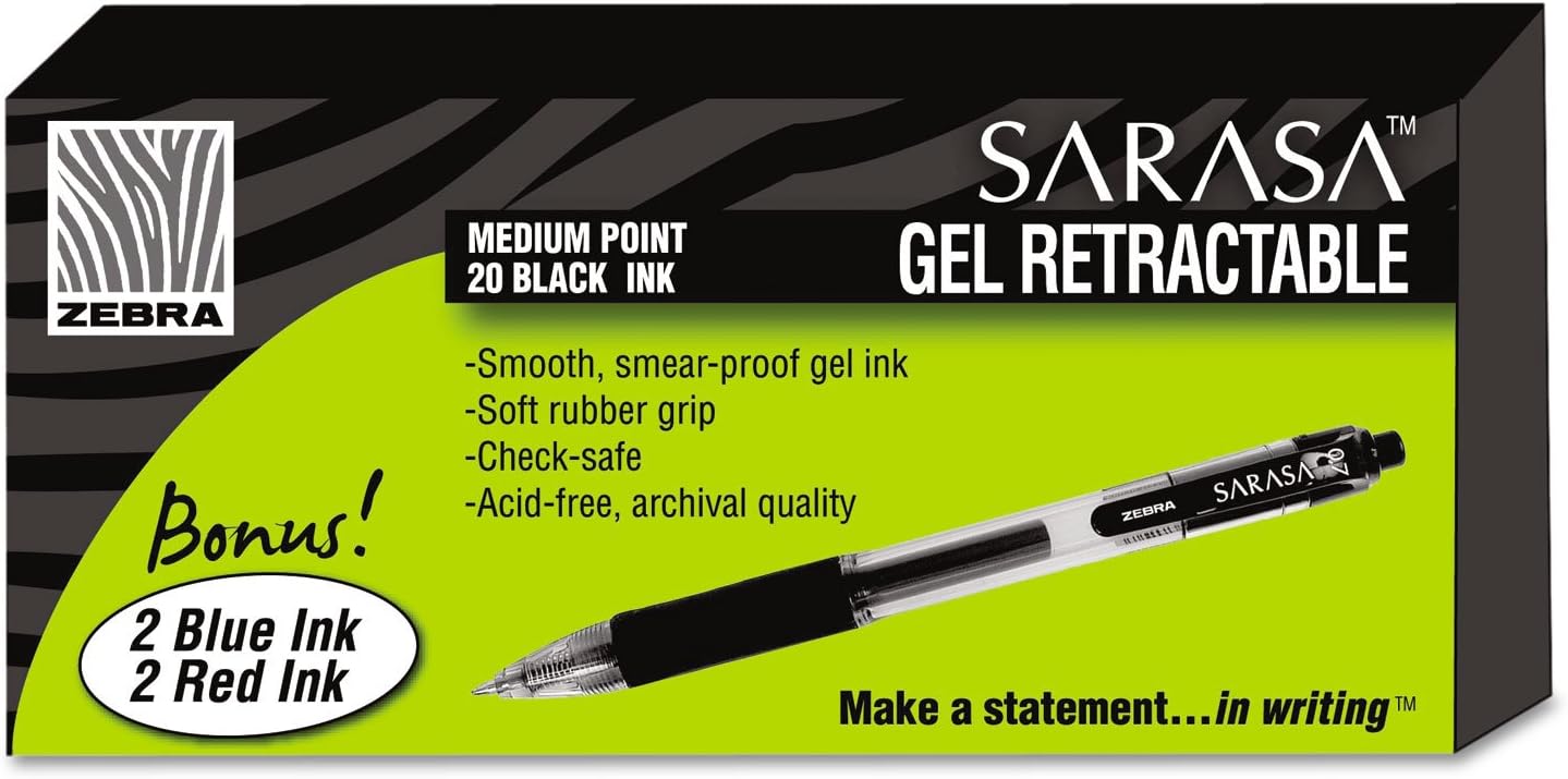 ZEBRA 14680 Sarasa Retractable Gel Pen, Black Ink, Medium, 24/Pack