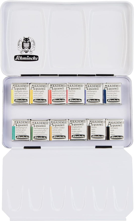 Schmincke - AKADEMIE??AQUARELL Watercolor Compact Color Box, Basic Assortment 12 x 1/2 Pans, 75 112 097, Metal Box, Highly lightfast Colors, fine Artists' Watercolors