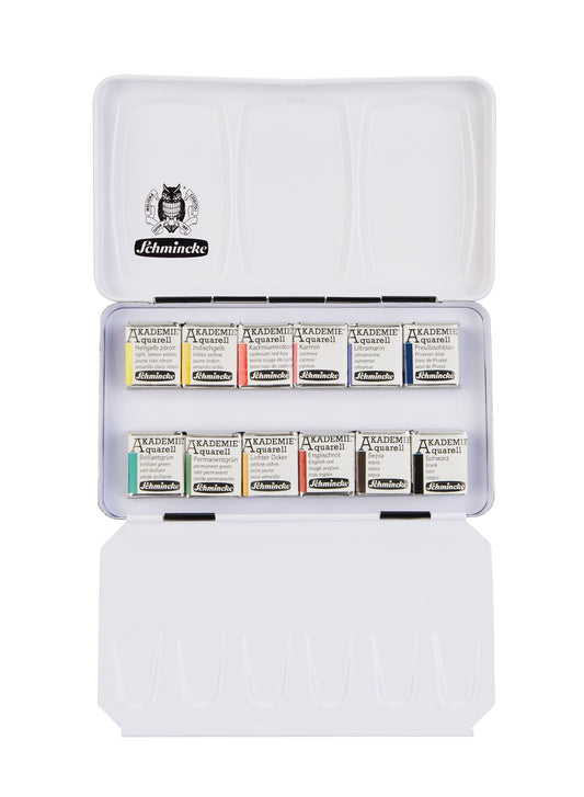 Schmincke - AKADEMIEå¨AQUARELL Watercolor Compact Color Box, Basic Assortment 12 x 1/2 Pans, 75 112 097, Metal Box, Highly lightfast Colors, fine Artists' Watercolors