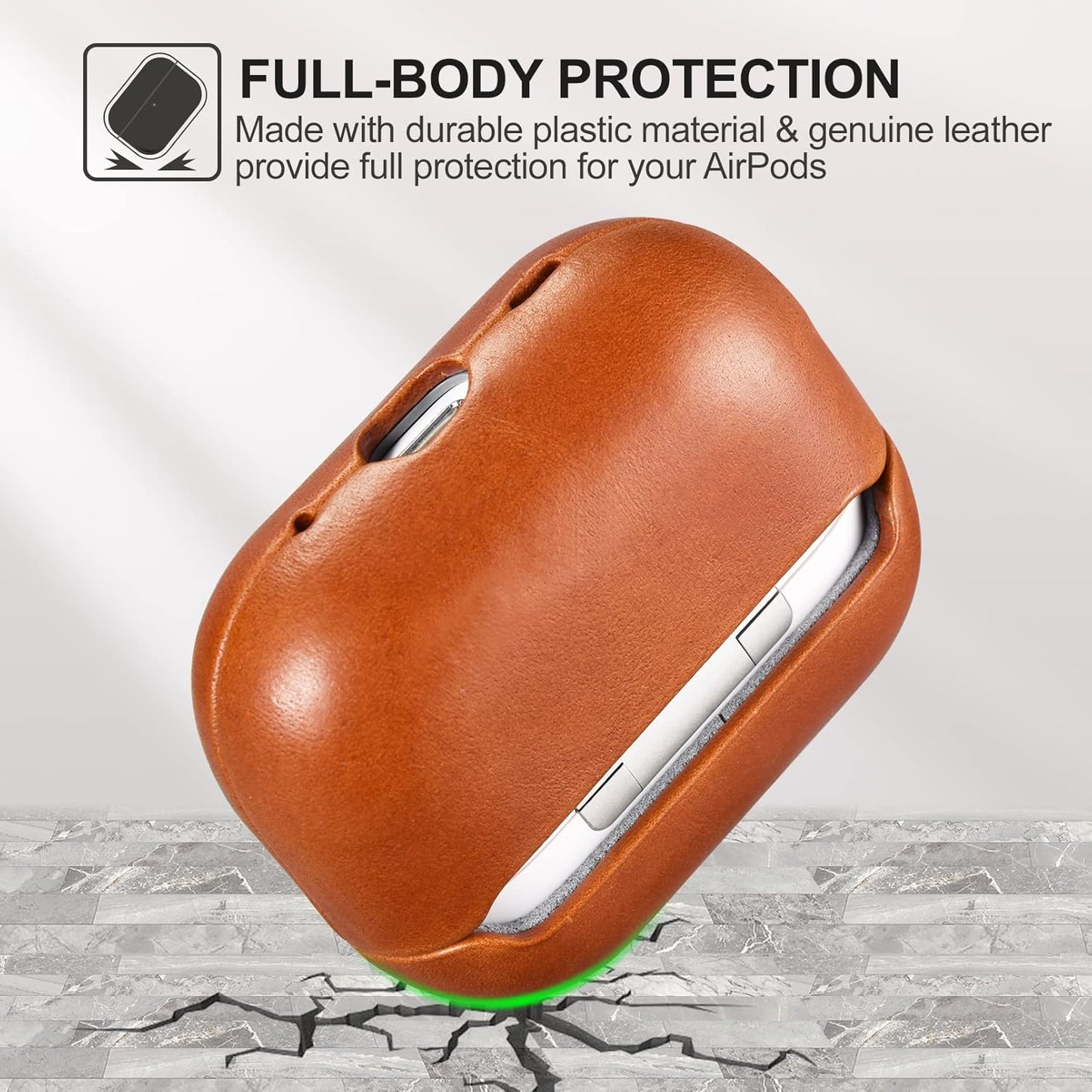 ICARERFAMILY Leather Case for AirPods Pro 2 (2022), Genuine Leather Shockproof Protective Cover for AirPods Pro 2 Earphones Charging Case (LED Visible) Support Wireless Charger Brown