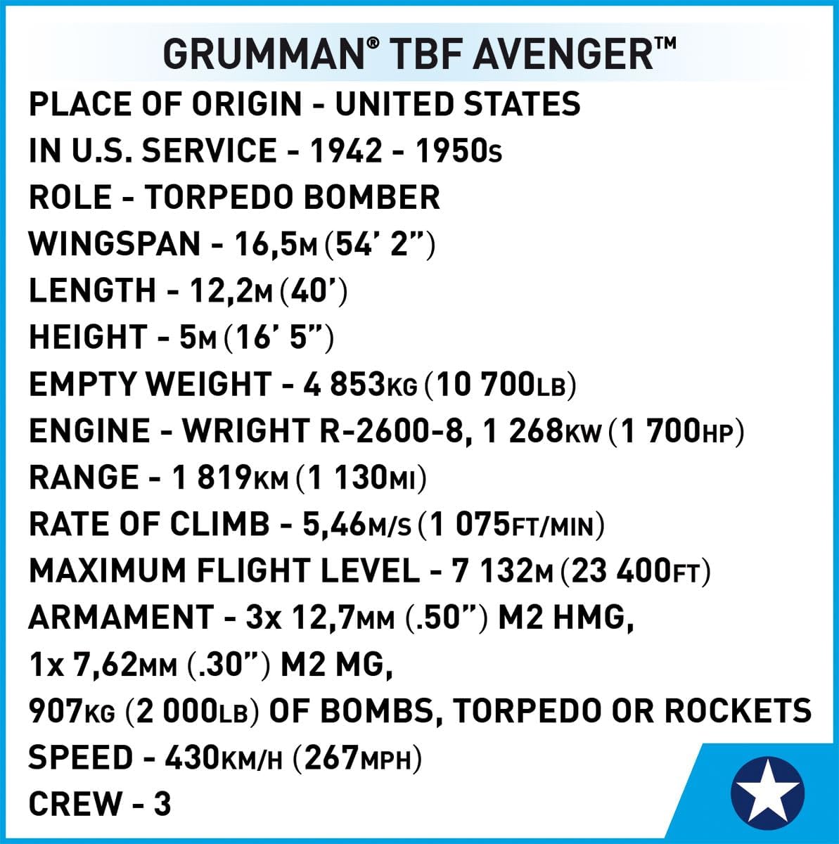 COBI Historical Collection WWII Grumman TBF Avenger Aircraft