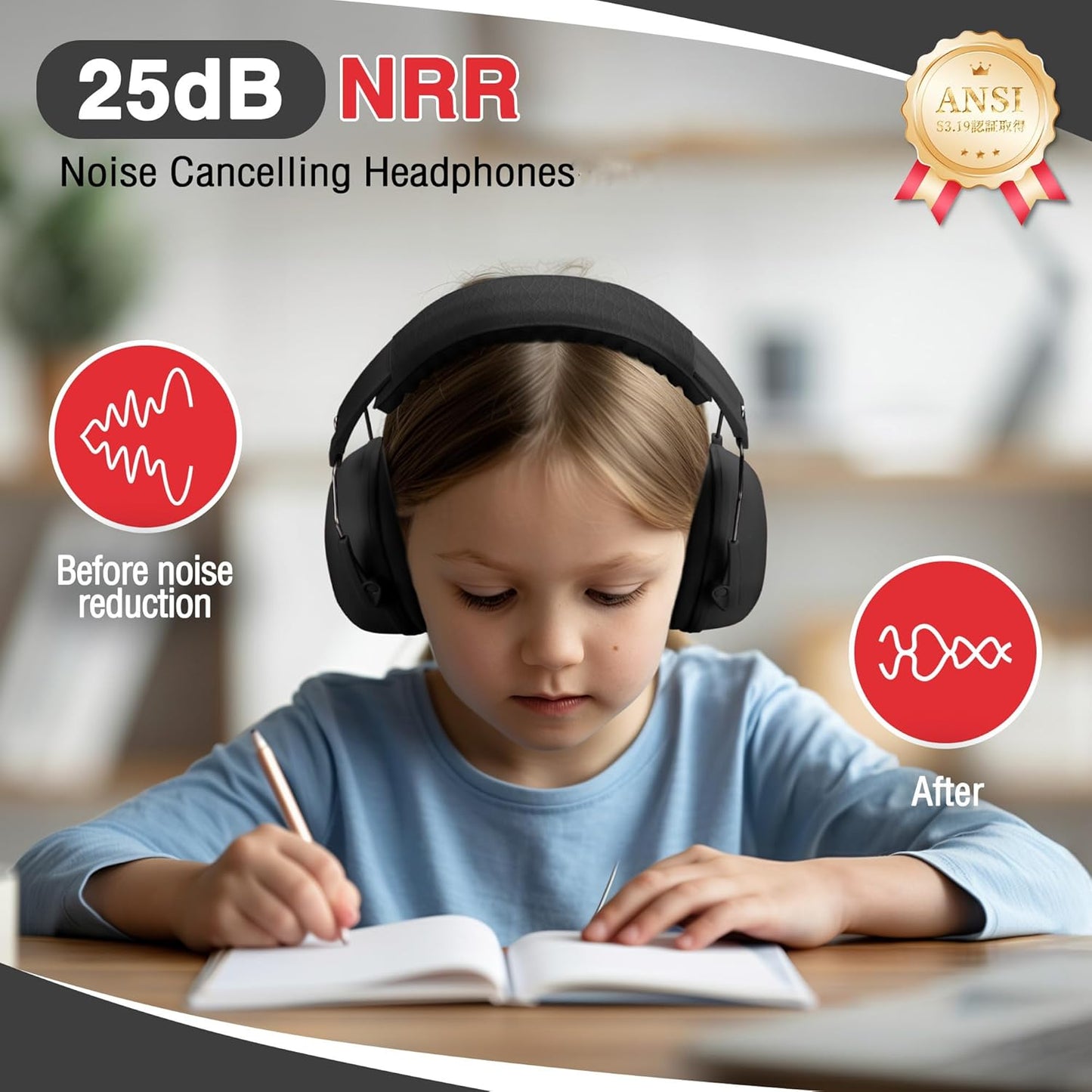 WORKPRO Noise Cancelling Headphones for Kids, NRR 25dB Kids Ear Protection for Autism, Noise Reduction Safety Ear Muffs for Concentration Shooting Range DIY, Black