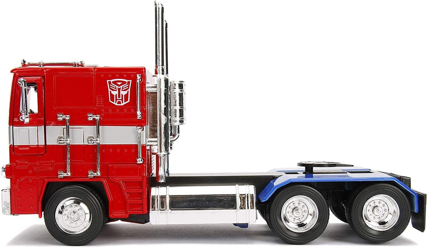 Jada Toys Transformers G1 Optimus Prime Truck with Robot on Chassis Die-cast Car,Red, 1: 24 Scale