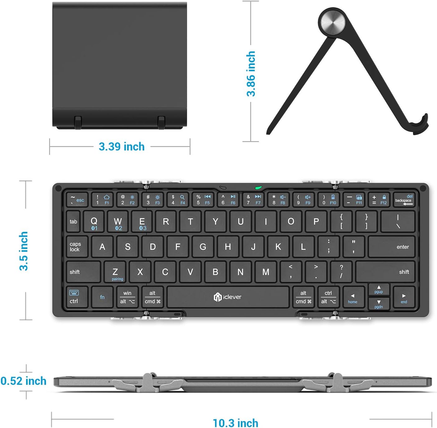 iClever Foldable Bluetooth Keyboard, Ultra-Slim Metal Keyboard with USB-C Charging, Tri-Folding Design for Laptop, iPad, iPhone, Tablet - Sync 3 Devices, Portable & Space-Saving