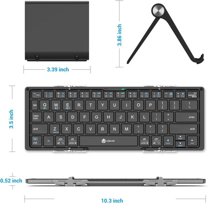 iClever Foldable Bluetooth Keyboard, Ultra-Slim Metal Keyboard with USB-C Charging, Tri-Folding Design for Laptop, iPad, iPhone, Tablet - Sync 3 Devices, Portable & Space-Saving