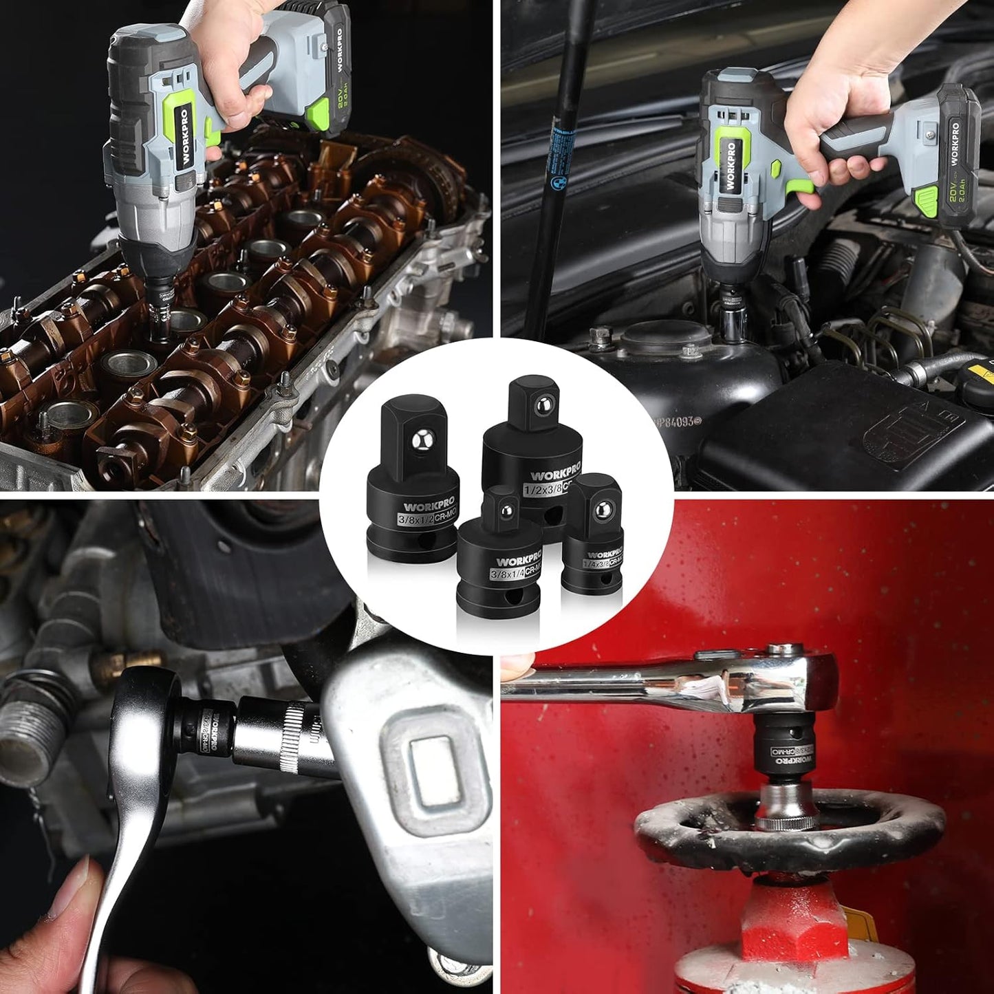 WORKPRO 4-Piece Impact Socket Adapter and Reducer Set, 1/4", 3/8", 1/2" Drive Socket Adapter Set, Impact Driver and Wrench Conversion Kit, Socket Reducer, Premium CR-MO Steel Made