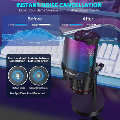 ZealSound Gaming USB Microphone,Noise Cancellation Condenser mic with RGB Light,Touch Mute,Gain,Monitoring for Streaming,Podcast,Twitch,YouTube,Discord,iPhone,iPad,PC,Computer,PS4,PS5,Mac,GamerWave