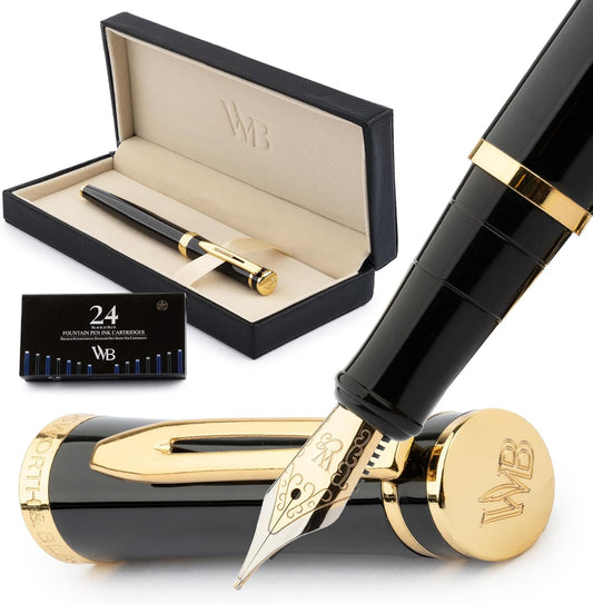 Wordsworth & Black Fountain Pen Set, Medium Nib, Includes 24 Ink Cartridges and Ink Refill Converter, Gift Case, Journaling, Calligraphy, Smooth Writing Pens [Black Gold], Perfect for Men and Women, main image