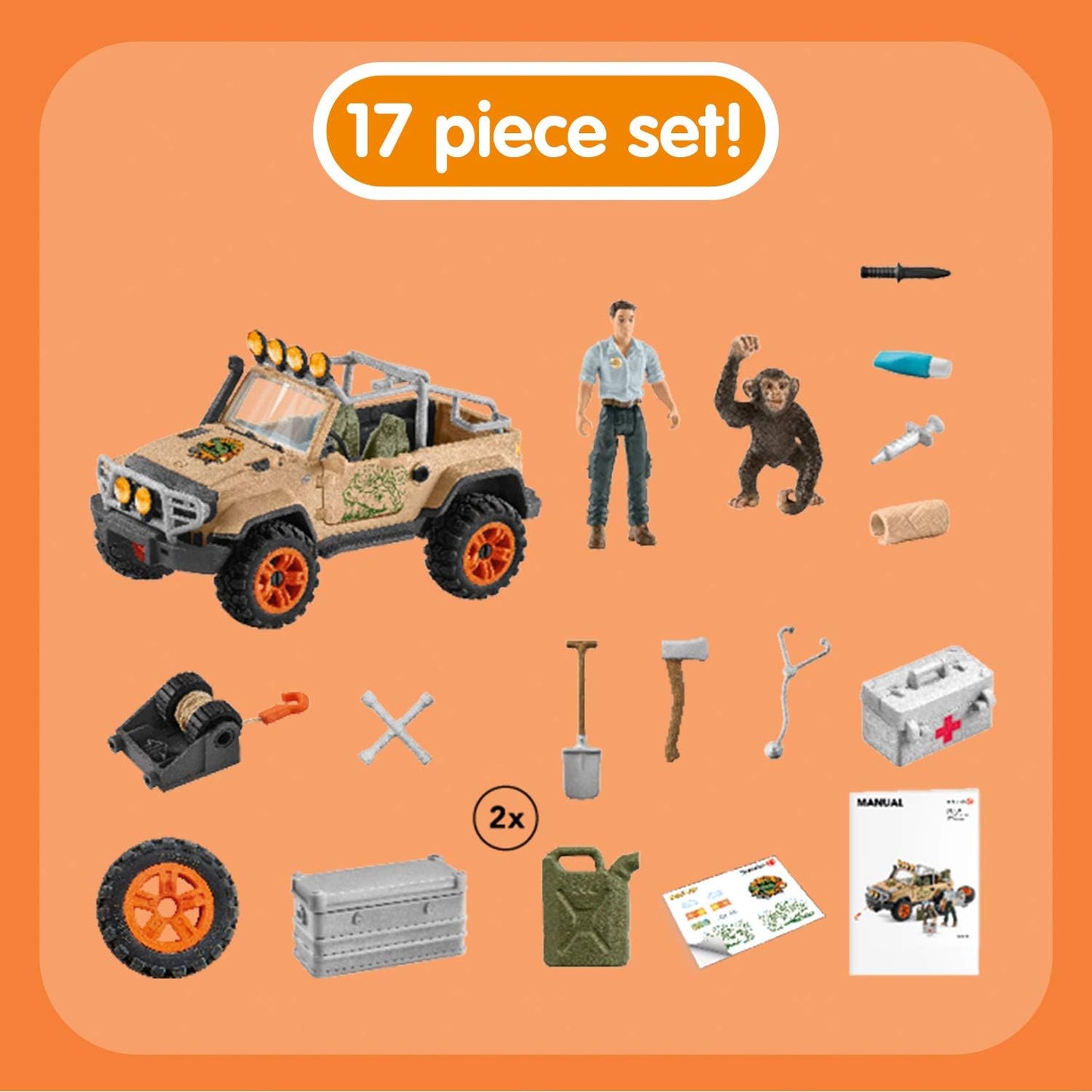 Schleich Wild Life Off-Road Jeep with Rope Winch 17-piece Playset for Kids Ages 3-8