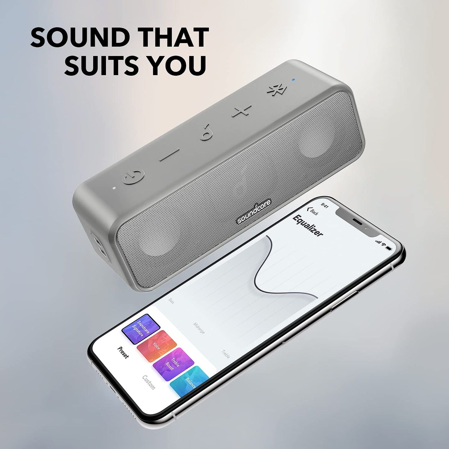 Anker Soundcore 3 Bluetooth スピーカー IPX7 防水 チタニウムドライバー デュアルパッシブラジエーター BassUpテクノロジー アプリ対応 イコライザー設定 USB-C接続 24時間連続再生 PartyCast機能 お風呂 プレゼント ギフト グレー