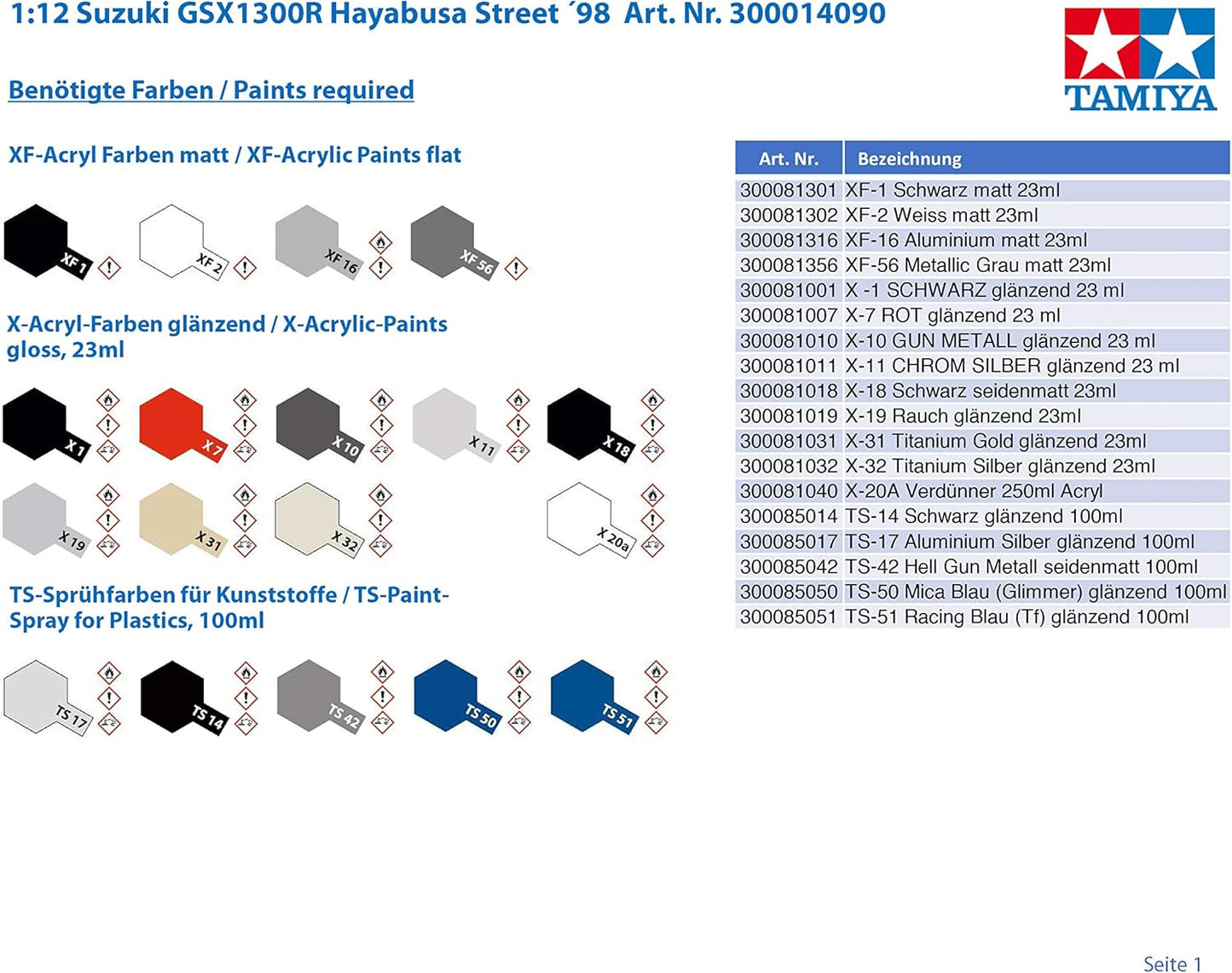 Tamiya Suzuki GSX1300R Hayabusa Street 98 Model Motorcycle, 300014090, 1:12 Scale, Blau