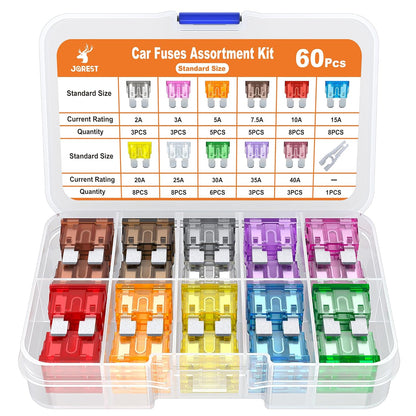 JOREST 60Pcs Car Fuse Kit -Replacement Fuses Assortment Kit for Car/RV/Truck/Motorcycle(2Amp 3A 5A 7.5A 10A 15A 20A 25A 30A 35A 40A) - Standard Blade Fuses Automotive + Auto Fuse Puller