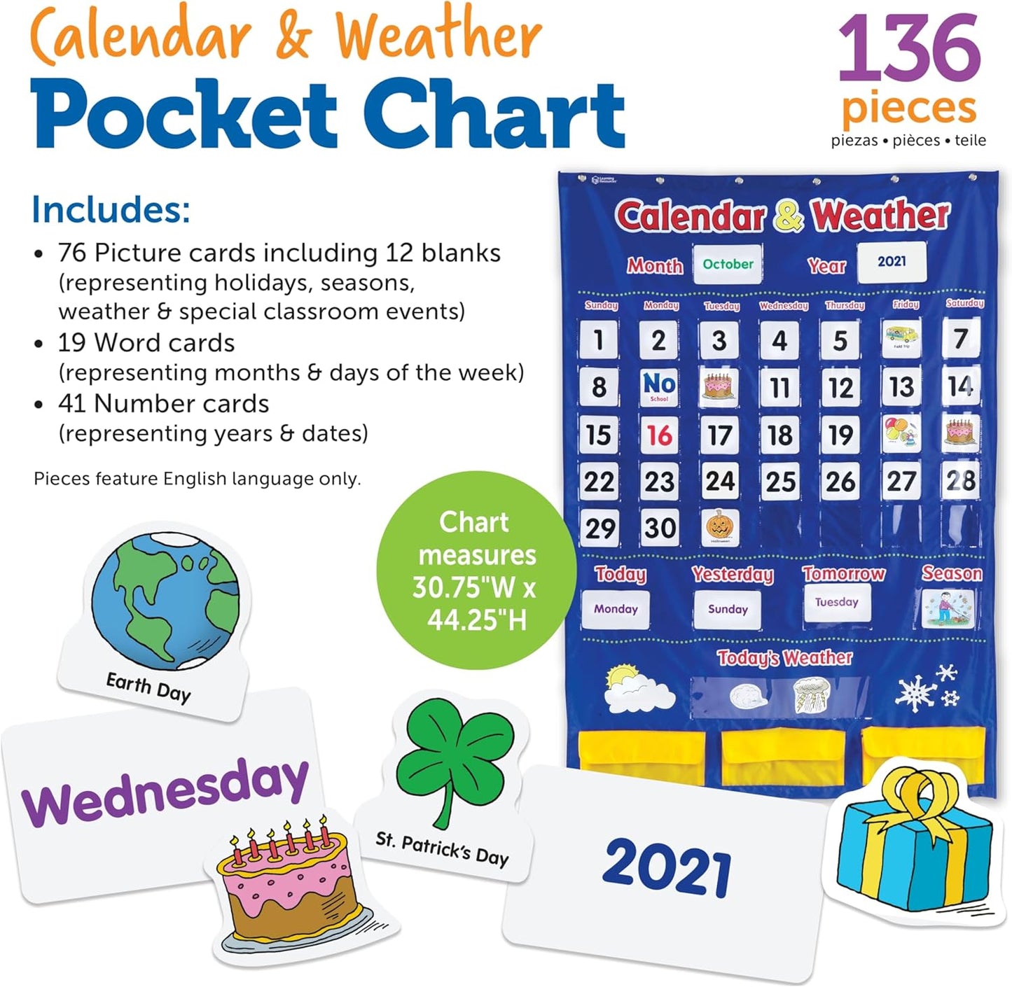 Learning Resources Calendar & Weather Pocket Chart - Classroom Calendar, Calendar and Weather Chart for Classroom, Teacher and Back to School Supplies