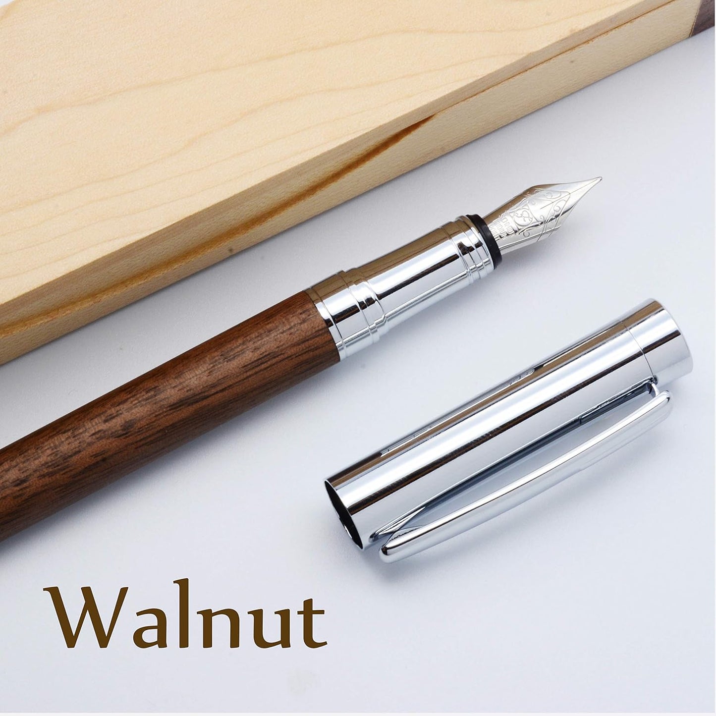 LACHIEVA Luxury Walnut Fountain Pen, Nice Pen with German-made Fine Nib, Converter, Cartridges. Nice Wood Pen Set for Men & Women. Best and Professional, Executive, Office Gift (Walnut).