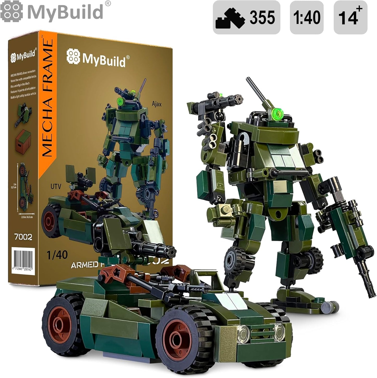 MyBuild Mecha Frame Armed Forces 7002 - Ajax Mech and Army Vehicle Building Toy Military Themed Builing Brick Set