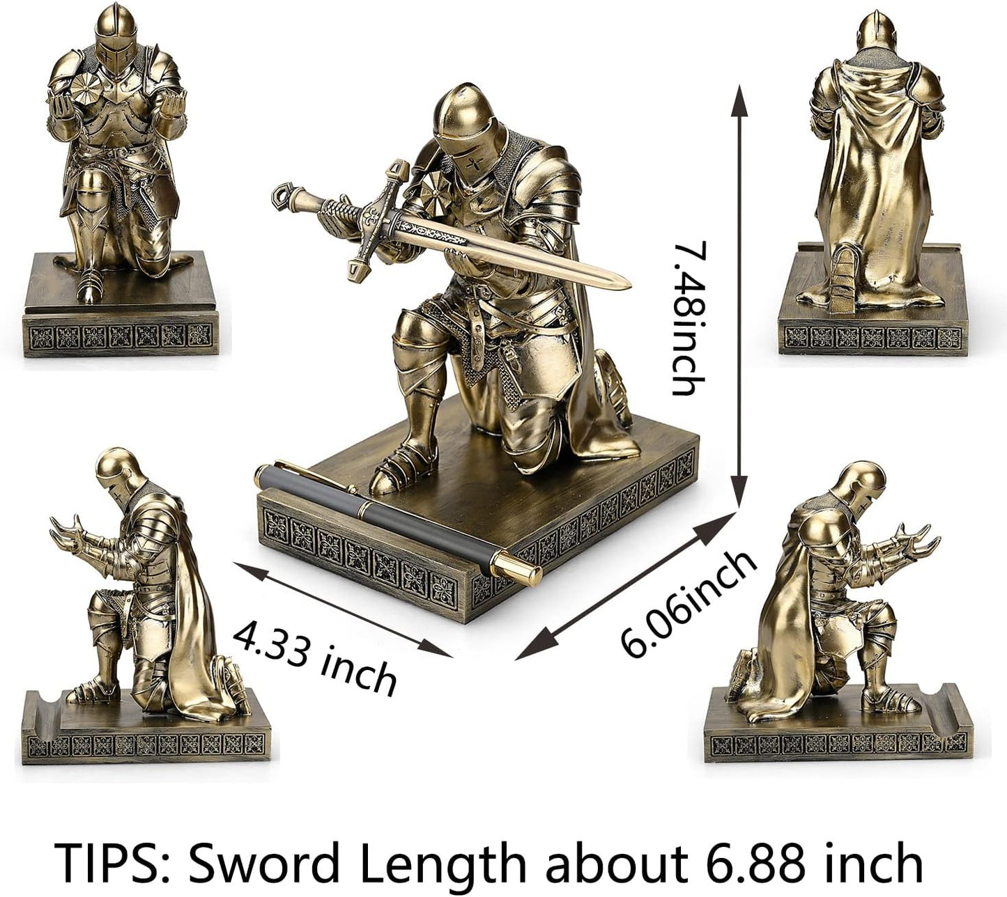 HDMbigmi King's Guard Leader Cloak Warrior Knight Pen Holder Mobile Phone Stand, Ornament Knight Statue, Pen Stand Paperweight with a Metal Sword Letter Opener for Office and Home (Bronze)