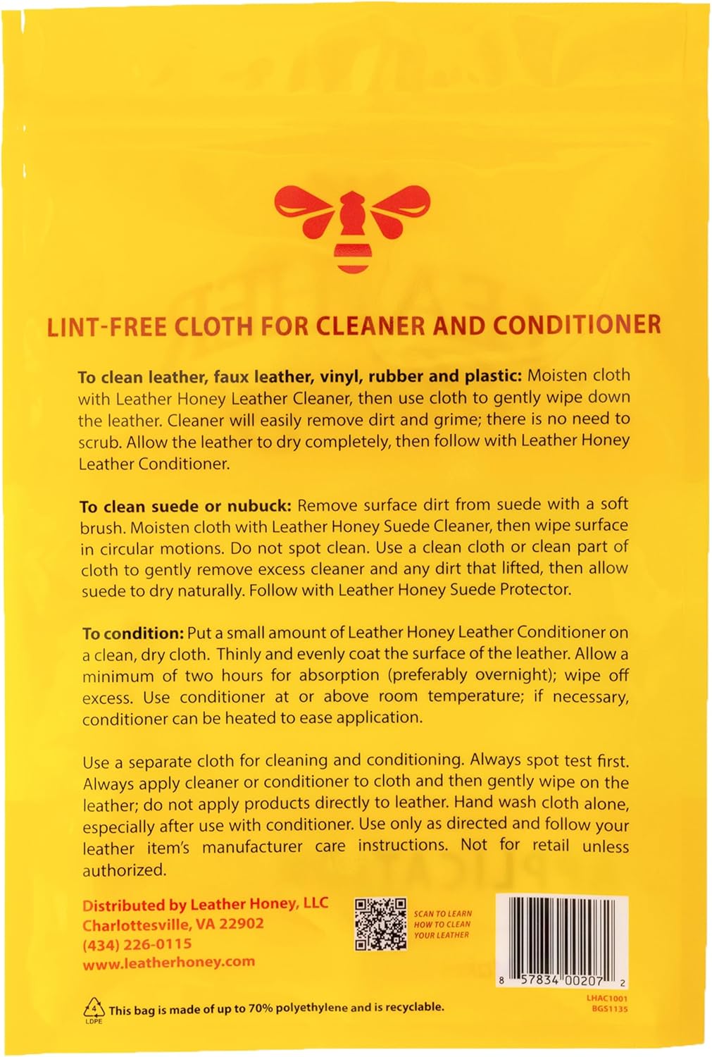 Leather Honey Lint-Free Application Cloth: Microfiber Cloth for Use Leather Conditioner and Leather Cleaner. Leather Care Made in The USA Since 1968